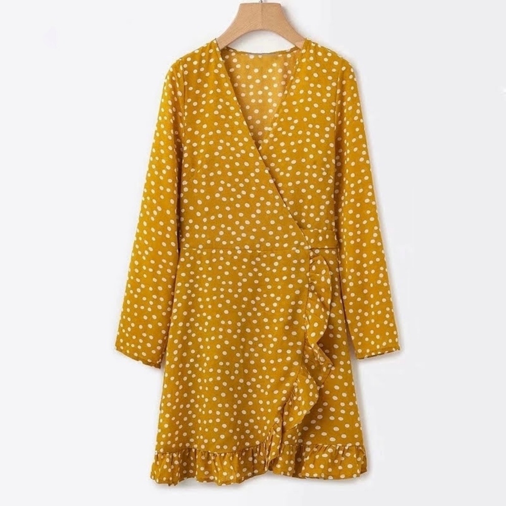 Polka dot ruffle wrap dress